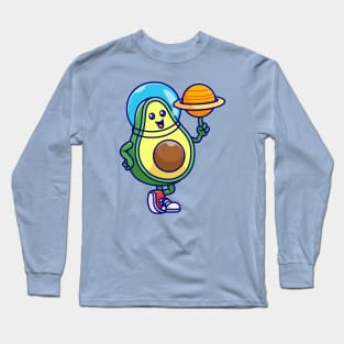 Cute Avocado Astronaut Playing Planet Ball Cartoon Long Sleeve T-Shirt